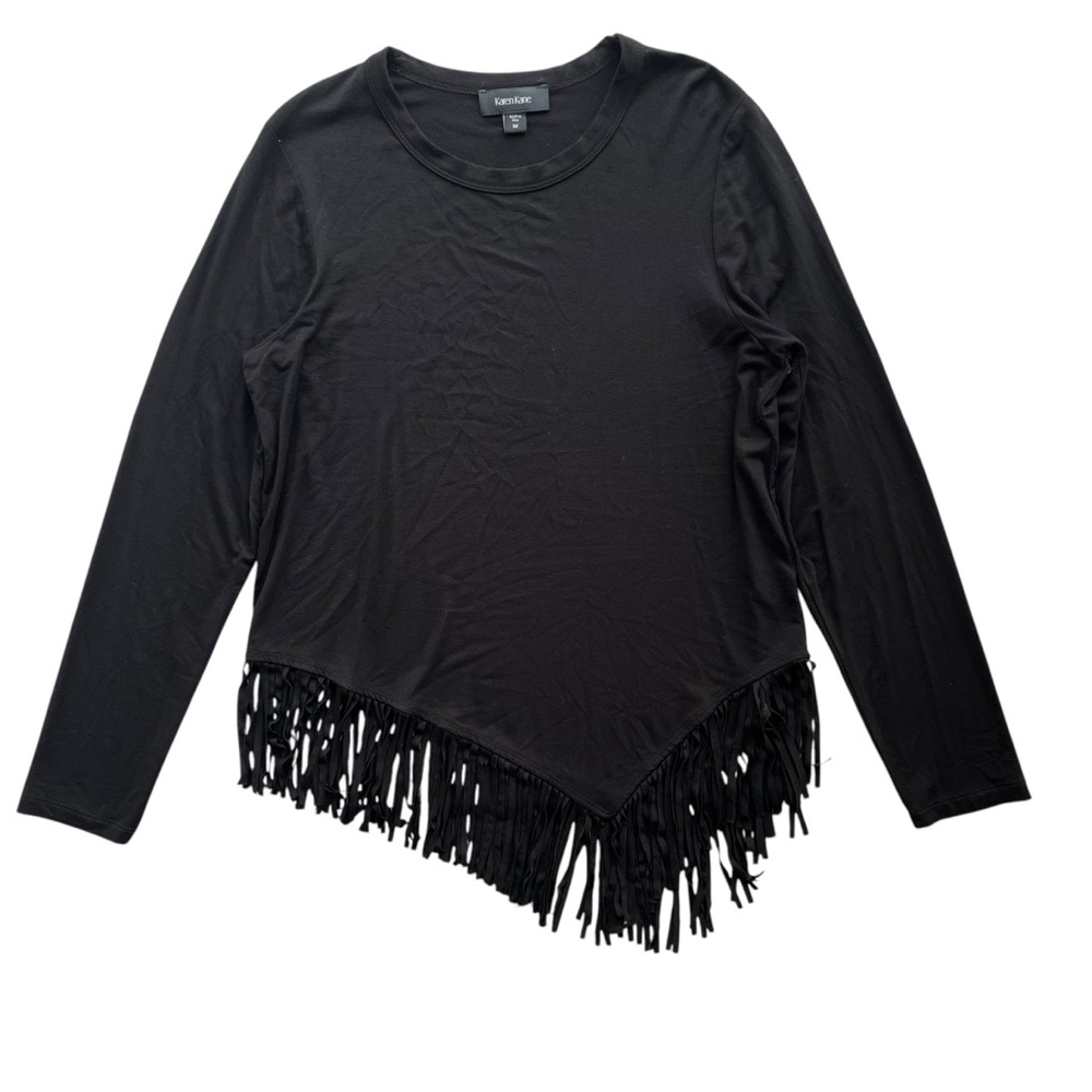 Karen Kane Women M Black Jersey Knit Crew Neck Long Sl Asymmetric Fringe Hem Top